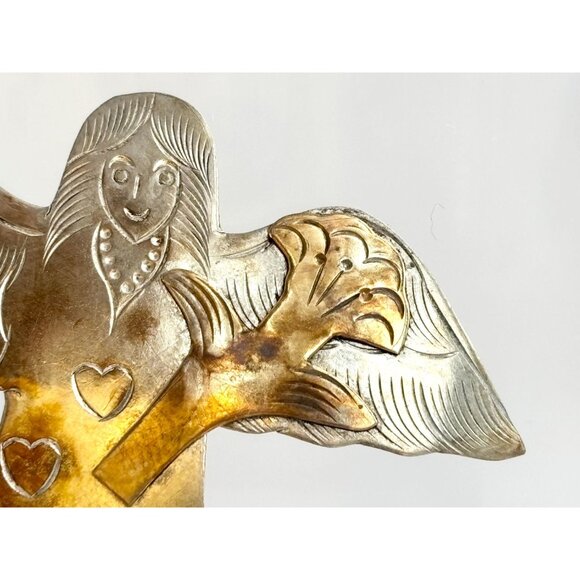 Artisan Made Guardian Angel Vintage 800 Dual Silver & Gold Toned Brooch - Picture 5 of 10